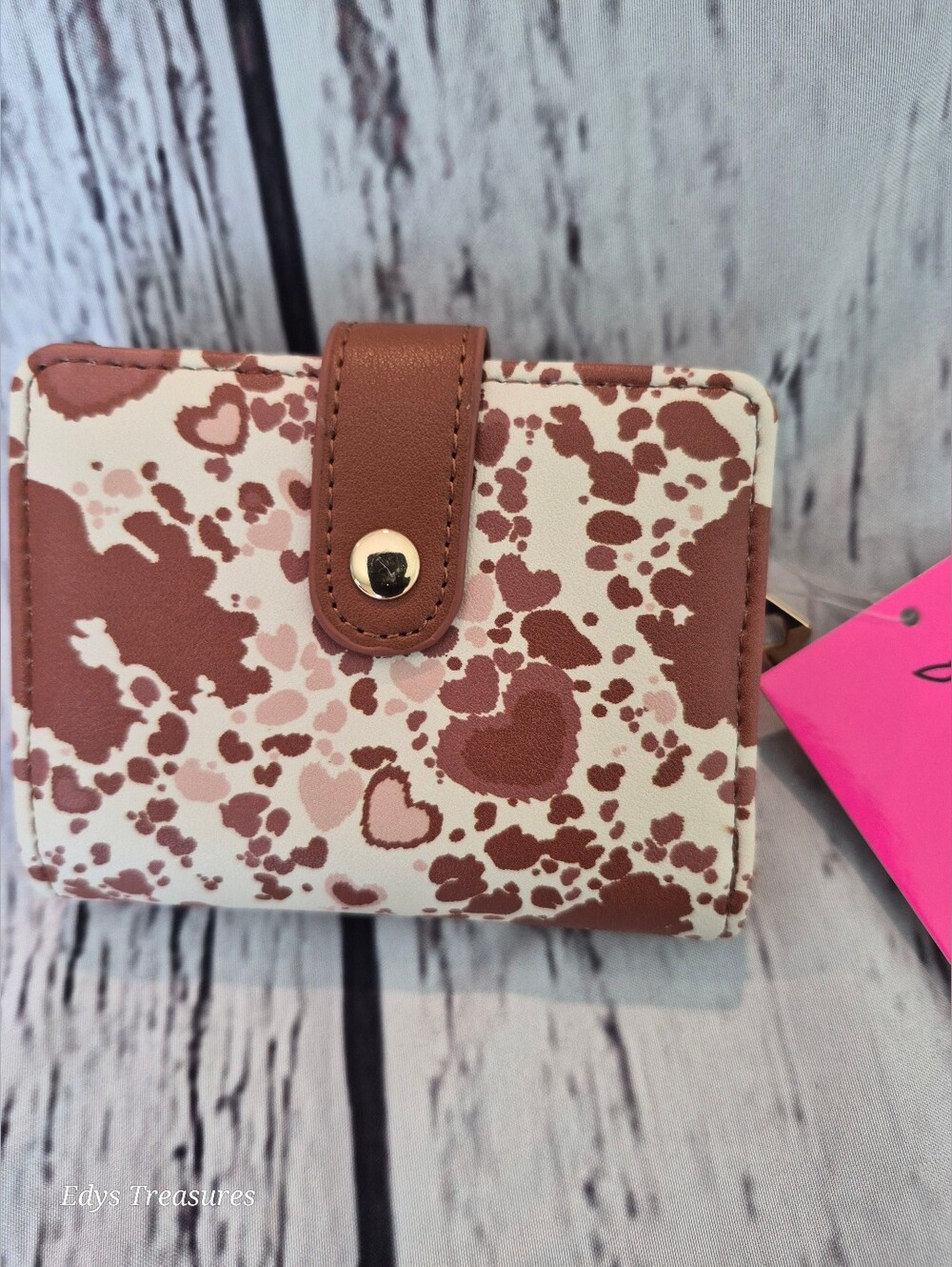 Betsey Johnson Cow Print Compact Bifold Wallet Brown Cream NWT - Picture 3 of 8
